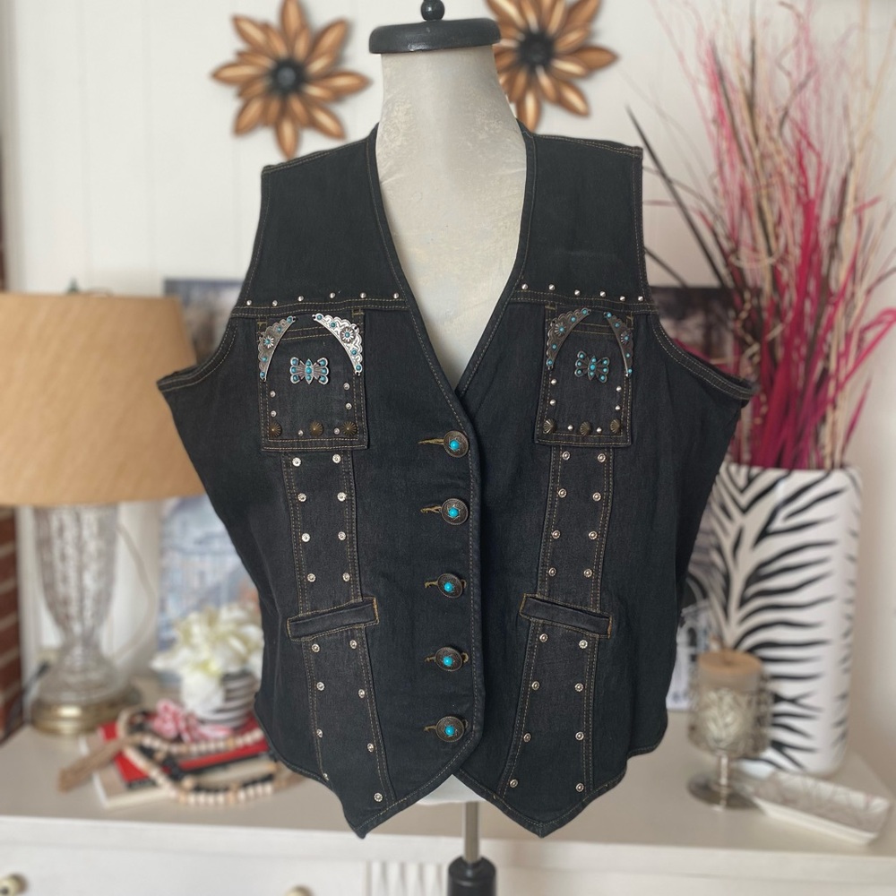 DG2 by Diane Gilman Black Studded Denim Vest Turquoise Accents Womens 1x Western